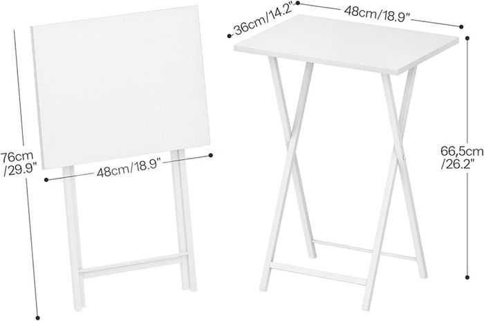 Side Table 2 Set, Folding Tables, TV Tray Table, Snack Table for Eating, Small Sofa End Laptop Drinks Coffee Table for Small Space, Living Room, Industrial, Metal Frame, White