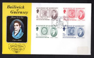 1971 Guernsey Thomas De La Rue 1793-1866 Guernsey Commemorative Stamp  First Day Cover (FDC)