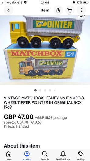 Matchbox 52. AEC 8 Wheel tipper. Pointer brand. Mint in box. Fully working.
