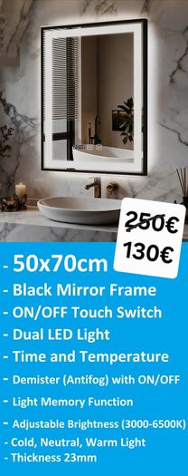 LED Bathroom Mirror Antifog Black Frame Digital Clock Temperature