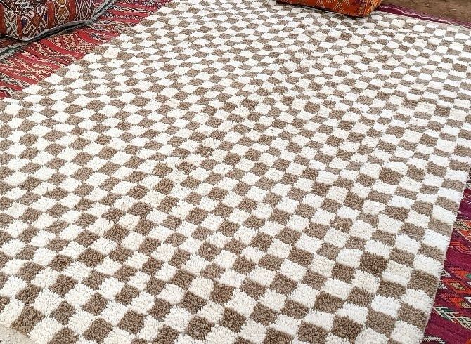 Handwoven beige checkerboard rug