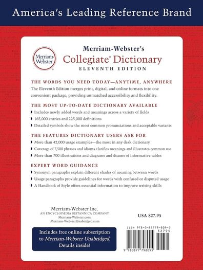 Merriam-Webster's Collegiate Dictionary, 11th Edition, Jacketed Hardcover, Indexed