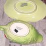 Carlton Ware sauce boat and saucer set, 1930s to 1960s featuring a distinctive green cabbage or lettuce leaf pattern with a red tomato motif Image 3