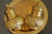 Vintage Brass Yellow White Enamel India Salt and Pepper Shakers. Made in Thailand