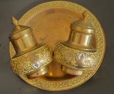 Vintage Brass Yellow White Enamel India Salt and Pepper Shakers. Made in Thailand