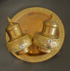 Vintage Brass Yellow White Enamel India Salt and Pepper Shakers. Made in Thailand