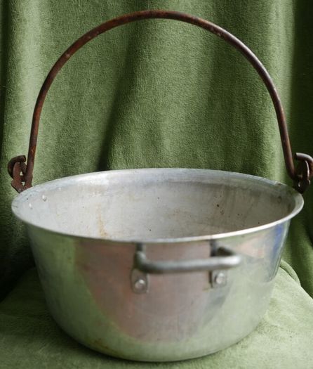 Vintage Aluminium Metal Handled Cooking Pot , Rustic Jam Pan Farmhouse Decor