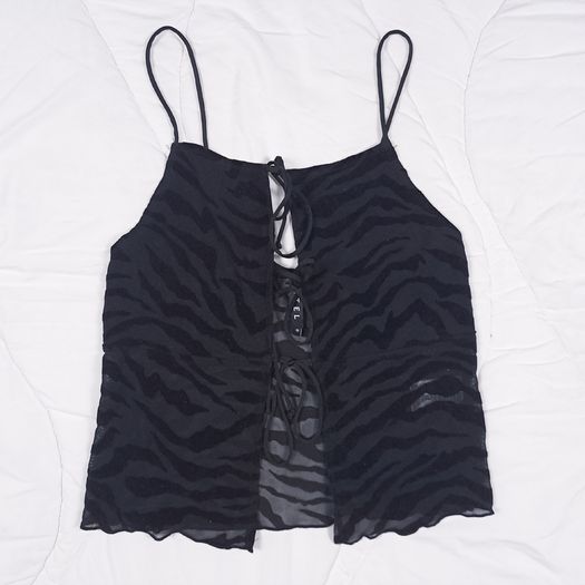 Motel Rocks Black Zebra Flocked Mesh Lace Up Cami Tank Top Size S