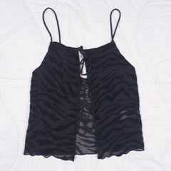 Motel Rocks Black Zebra Flocked Mesh Lace Up Cami Tank Top Size S
