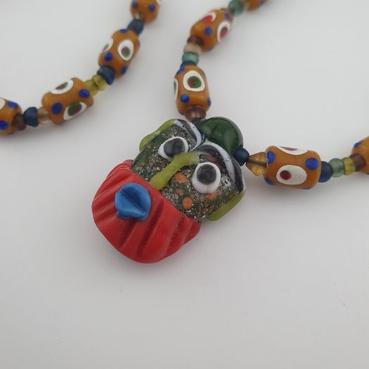 Vintage Venetain Style delicate Dotted Glass Beads & Old Face Glass Pendant Necklace