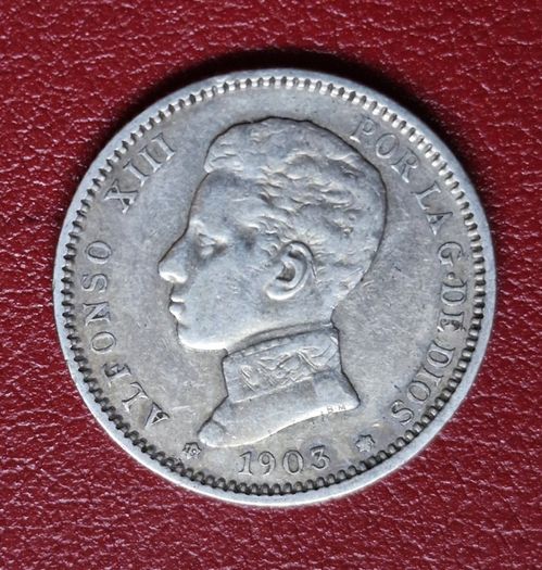 1903 S M V Spain 1 Peseta - Alfonso XIII 4th portrait Silver coin