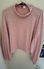 H&M Pink Turtleneck Jumper with White Pearls