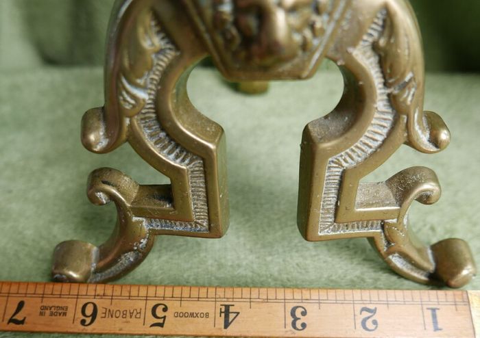 Antique Victorian Brass Fire Side Dogs - Lion Head Brass Fire Dogs