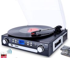 FREE EXPRESS SHIPPING Vinyl Record Player, Bluetooth Turntable with Stereo Speakers, Turntable for Vinyl to MP3 with Cassette Play, AM/FM Radio, Remote Control, USB/SD Encoding, 3.5mm Music Output Jack