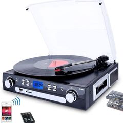 FREE EXPRESS SHIPPING Vinyl Record Player, Bluetooth Turntable with Stereo Speakers, Turntable for Vinyl to MP3 with Cassette Play, AM/FM Radio, Remote Control, USB/SD Encoding, 3.5mm Music Output Jack