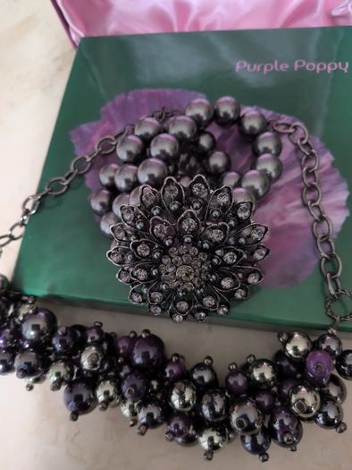 Purple Poppy Pearl Style & Stone Necklace & Bracelet Set. Costume  Jewellery.New.