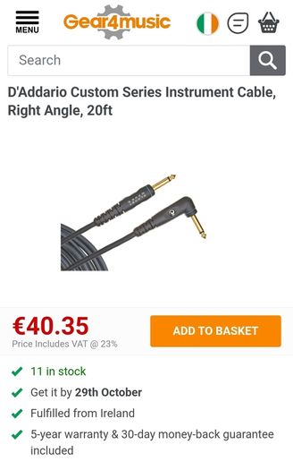 D'Addario Custom Series Instrument Cable, Right Angle, 20ft