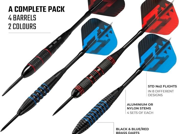NEW SALE | 65 Piece Steel Tip Dart Set with 21g/22g/23g/24g Barrels, Flights, Sharpening Stone and Aluminium Shafts, Series 3, Black/Red/Blue