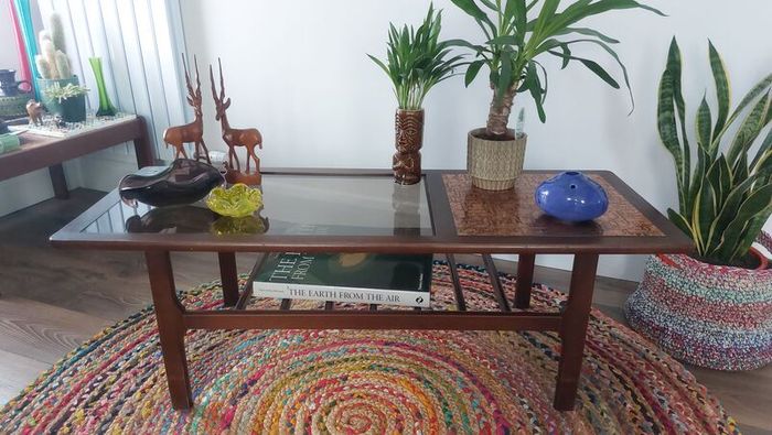 Stunning and Unique/Rare Mid Century Modern Wooden Coffee Table with Smoked Glass and Acid-Etched Copper Inlay and Slatted Magazine Shelf