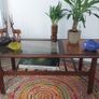 Stunning and Unique/Rare Mid Century Modern Wooden Coffee Table with Smoked Glass and Acid-Etched Copper Inlay and Slatted Magazine Shelf Image 8