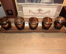 Rich Bronze Filigree Tray with 5 Glass Candle Holders, AV