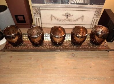Rich Bronze Filigree Tray with 5 Glass Candle Holders, AV