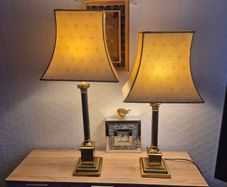 Pair of Vintage Brass Neoclassical Column Lamps with Pagoda Shades