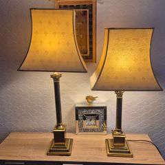 Pair of Vintage Brass Neoclassical Column Lamps with Pagoda Shades