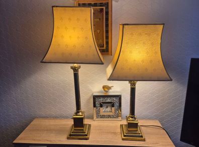 Pair of Vintage Brass Neoclassical Column Lamps with Pagoda Shades