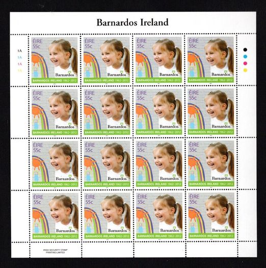 2012 Ireland Barnardo's Ireland Commemorative Stamps Sheetlet Plate 1A1A1A1A Mint Never Hinged (MNH)