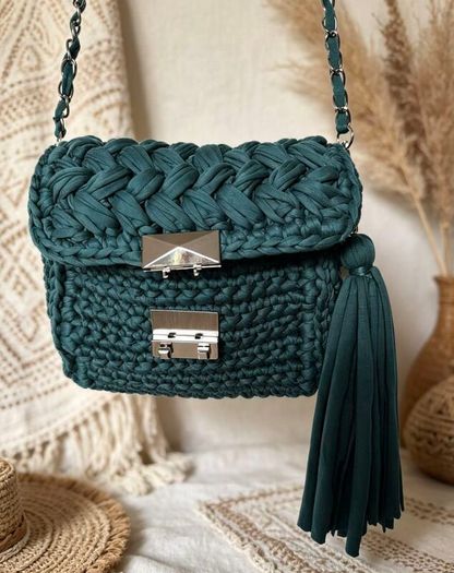 Handmade Crochet Crossbody Bag ,Bottle Green ,Emerald