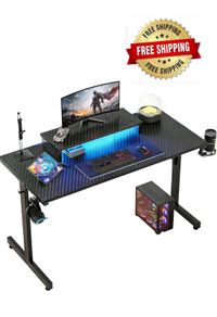 Small Gaming Desk 106.6 CM LED Computer Desk with Monitor Stand Gamer Workstation with Cup Holder & Headset Hooks for Home Office Bedroom Small Space