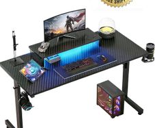 Small Gaming Desk 106.6 CM LED Computer Desk with Monitor Stand Gamer Workstation with Cup Holder & Headset Hooks for Home Office Bedroom Small Space