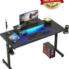 Small Gaming Desk 106.6 CM LED Computer Desk with Monitor Stand Gamer Workstation with Cup Holder & Headset Hooks for Home Office Bedroom Small Space