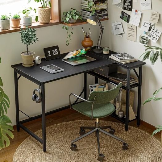 L Shaped Gaming Desk with Power Outlets, 120x70cm Computer Table Small Corner Desk with Large Reversible Storage Shelves, Home Office PC Workstation with Hooks for Writing Study, Black