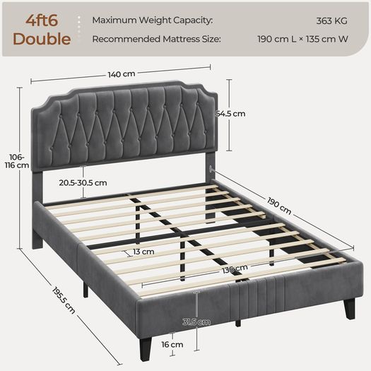 Double Upholstered Velvet Bed Frame with with Diamond Button