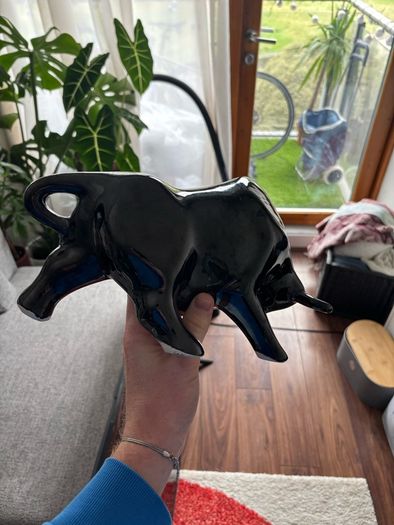 Modern Glossy Black Bull Figurine, Statement Decor Piece