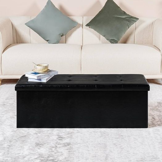 End of Bed Storage Bench,Folding Ottoman Seat Rest,Large Toy Chest Box Faux Leather Footstool for Living Room,Black,110x38x38cm