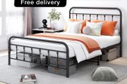 Double Bed Frame with Storage and Headboard, Metal No Box Spring Needed, Enhanced Mattress Support, Noise Free, Black