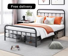 Double Bed Frame with Storage and Headboard, Metal No Box Spring Needed, Enhanced Mattress Support, Noise Free, Black