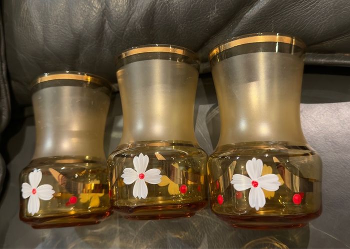 Vintage 3 Gilded Cherry Goblets. Bohemian Glass. Czechoslovakia