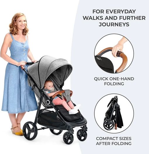Grande Plus Stroller Pushchair for Toddlers from Birth to 22 kg, Extra-Large Hood, Lie-Flat Position, Folding with one Hand, Shock Absorption on All Wheels, Black