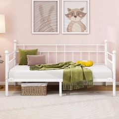 Single Daybed Frame 3ft Sofa Bed Steel Slats Platform Bed Frame 90x190 cm Children Bed For Living Room Guest Room,White