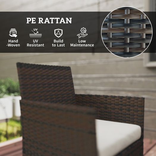 4 Piece Rattan Garden Furniture Sofa Set with Loveseat, Armchairs, Glass-Top Coffee Table and Cushions, Brown