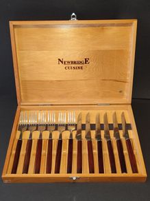 Newbridge Cuisine Twelve Piece Stainless Steel and Wood Steak Knife and Fork Set in Fitted Case