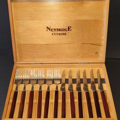 Newbridge Cuisine Twelve Piece Stainless Steel and Wood Steak Knife and Fork Set in Fitted Case