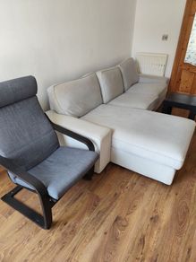 sofa, chair, and table