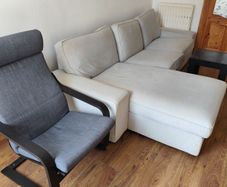 sofa, chair, and table