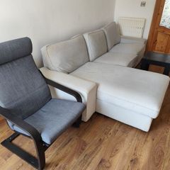 sofa, chair, and table