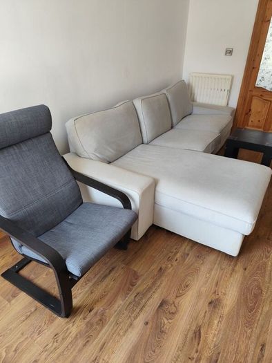 sofa, chair, and table